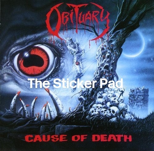 Sticker obituary cause of - -,