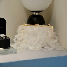 Feather Handbag Women's Evening Clutch Bag Pearl Chain Shoulder Bag Party Purse