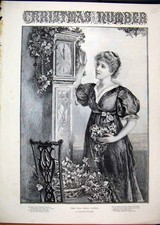 Original Old Antique Print C1850 Christmas Scene Woman Flowers Grandfather Clock
