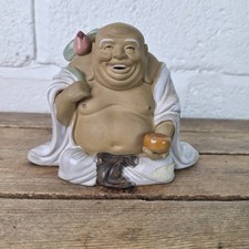 Vtg Happy Buddha Sculpture with Lotus Flower by Shiwan Artistic Ceramic Factory