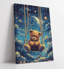 CUTE TEDDY BEAR ON SWING STARRY NIGHT SKY FRAMED CANVAS WALL ART PICTURE PRINT