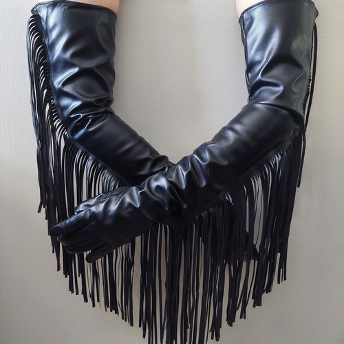 Black leather gloves - gloves, fringe