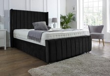 OTTOMAN BED FRAME NEW PANEL WING PLUSH VELVET UPHOLSTERED DOUBLE & KING SIZE