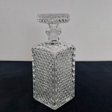 Square Cut Glass Scotch Whiskey Decanter Hobnail Diamond Pattern Made In Italy