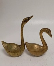 Vintage Pair Of Brass Swan Figurines Mid Century Modern MCM Solid Brass 11/14cm