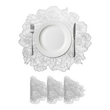Floral Placemats Set of 4 Round Metallic Vinyl Pressed Placemats, Silver
