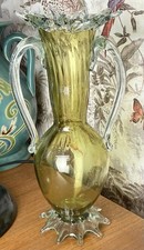 Large Vintage Hand Blown Venetian Murano Green Twin Handled Vase