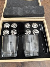 Wooden Box With Whisky Glasses And Silver Freezer Ice Cubes With Tweezers Gift