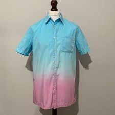 MOSCHINO Shirt Mens Large Short Sleeve Vintage Blue Pink Button Up Cotton Love