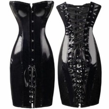 Women's Wet Look Black Red Lace Up Corset PVC Dress Bondage Clubwear Body Shaper