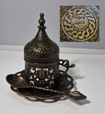 Turkish Coffee Mug / cup with Porcelain insert ,  Lid , Plate and spoon