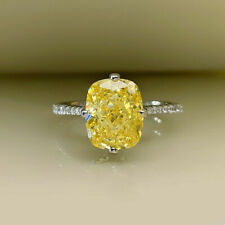 3Ct Cushion Simulant Canary Yellow Diamond Engagement Ring 14K White Gold Finish