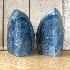 Pair Of Blue Polished Crystal Half Geode Bookends
