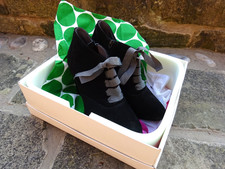 Boden Size 6 black suede shoes with high heels and ribbon ties. Great condition