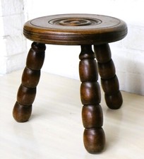 Vintage French Stool Wooden Low Milking Stool Bobbin Legs Eyeball Top Early 20th