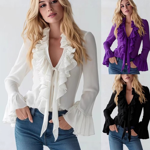 Women ruffle neck blouse - women, v