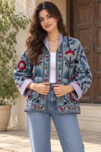 Gray floral cotton suzani - floral,
