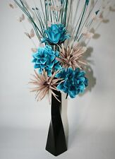 Artificial Silk Flowers Teal Mink Flower Arrangement in Black Vase 60cm.