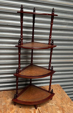 Dark Wood and Brown Leatherette Wot Not Corner Shelf Unit 4 Tier Midcentury