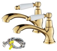 Bathroom Basin Pillar Taps, Pair Basin Sink Taps with Dual Ceramic Levers, GOLD 