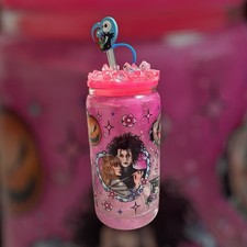 Pink 16oz glass tumbler with acrylic lid, plastic & Stainless Straw 