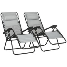 Outsunny Foldable Garden Recliner Chair Set of 2 w/ Footstool & Headrest, Grey