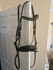 Black XFULL English Leather  Bridle With Woven Reins