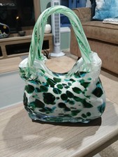 Handblown Glass Handbag Vase Blue, White And Green VGC 
