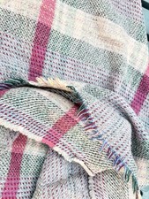 A Lovely Vintage Fringed Pure Highland Wool Blanket Throw Pink Blue & Grey