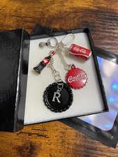 PERSONALISED Initial Letter Coca Cola Inspired Key Ring Bag Charm Set Bottle Can