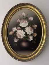 Vintage oval oil painting still life flowers roses signed framed 37 / 47 cm
