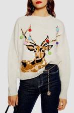 TOPSHOP Oatmeal Pom Pom Reindeer Christmas Jumper Size 10