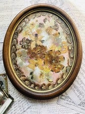 Vintage Style large oval Frame Dried Pressed Flowers & feathers gothic picture 