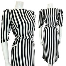 VTG 60S 70S BLACK WHITE STRIPED BLOUSON 1/2 SLEEVE MIDI DRESS W/ POCKETS M 12 14