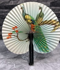 Vintage Chinese Bird Peacock Design Hand Held Paper Fan Made In China