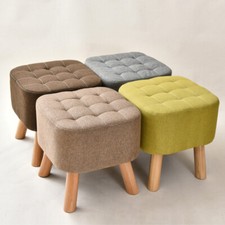 Linen Fabric Padded Footstool Footrest Square Pouffe Wooden Leg Stool Chair