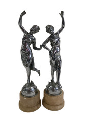 Pair Vintage Art Deco Style Chrome Dancing Lady Figurines on Stone Base