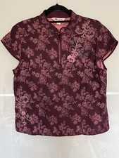Monsoon vintage Blouse 16 burgundy Floral Silk Smart Oriental mandarin collar