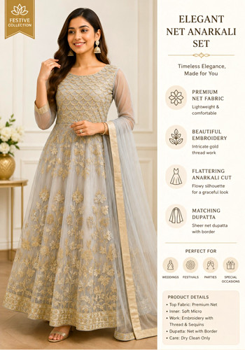 Womens net anarkali set grey - anarkali,