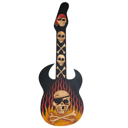 Wood skull guitar - wood, flames