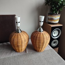2 x Mid Century Rattan Bedside Table lamps illuminated base