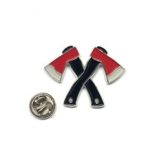Crossed Axes Lapel Pin Badge. Tree surgeon Lumberjacks throwing axe design.  378