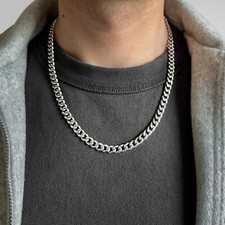 20" Medium Silver Thick Cuban Curb Chain Necklace, Long, 7mm Thick, Waterproof