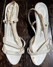 Vtg 70s C&A White Leather ITALIAN Strappy Sling back Kitten Heel Sandals Uk 4 