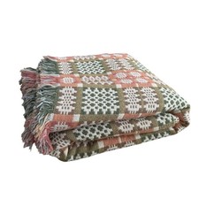Vintage Welsh Wool Tapestry Blanket Green Brown 250cm x 270cm 98" x 106"