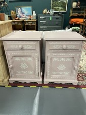 Vintage Handpainted Pine Bedside Tables Bone Inlay Pair