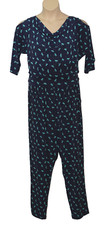 Kim & Co Womens Jumpsuit size 2XL Pockets Drape Front Small Cold Shldr Navy Aqua