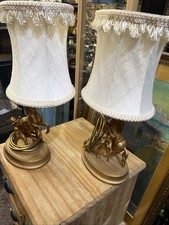 Paid of Vintage Horse and Tamer Table Lamps Gold with Shades Working Condition