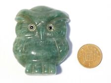Vintage Hand Carved Soap Stone Jadeite GREEN Hardstone OWL Glass Eyes Ornament