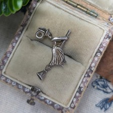 Vintage Sterling Silver Witch Charm, Broomstick Halloween Pendant